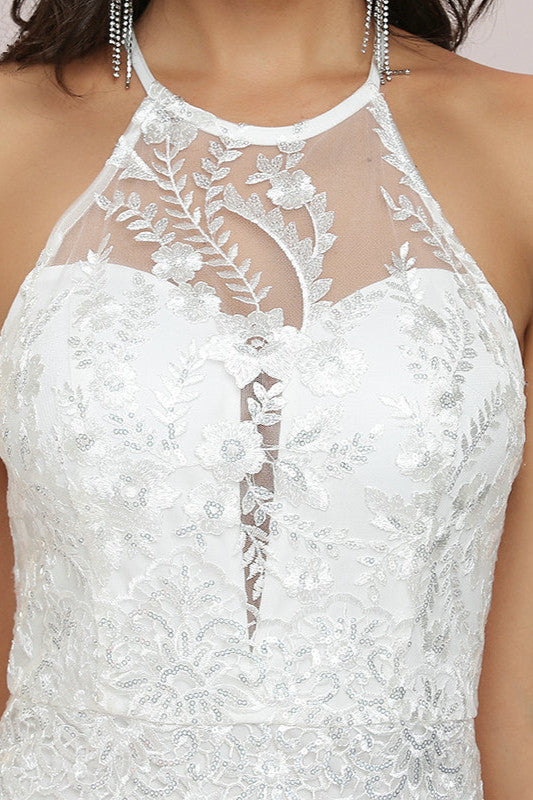 Halter Mermaid Lace Wedding Gowns with Sleeveless Design-BallBride