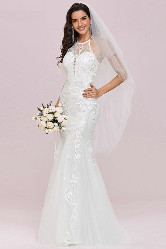 Halter Mermaid Lace Wedding Gowns with Sleeveless Design-BallBride
