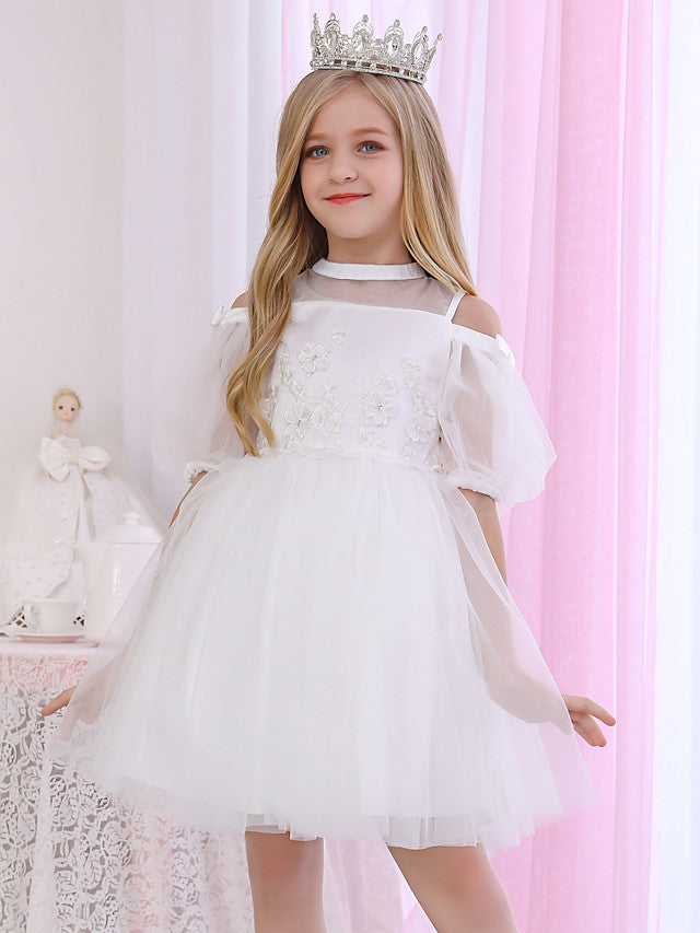 Halter Neck 3/4 Length Sleeve Satin Ball Gown with Beadings and Appliques for Flower Girl-BallBride