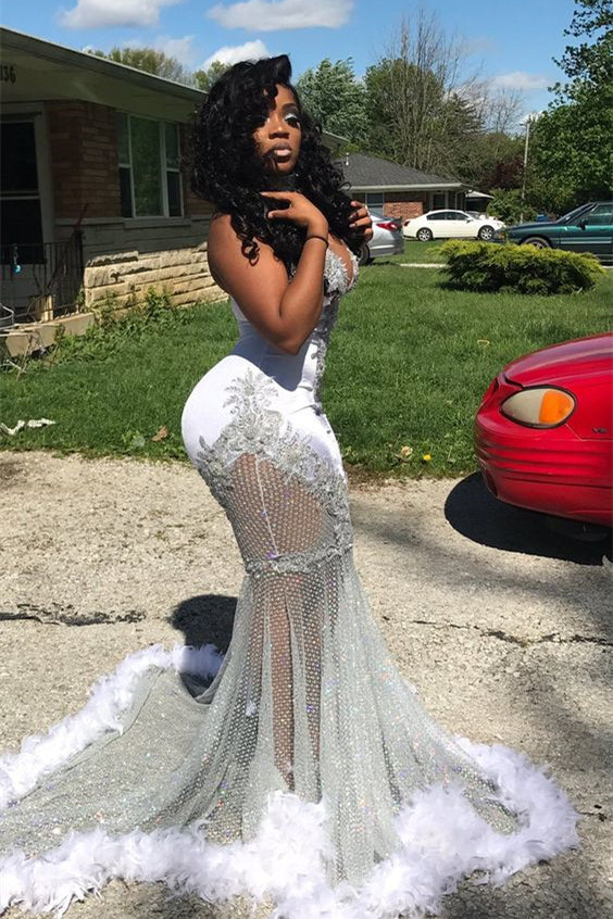Halter Neck Mermaid Prom Dress with Appliques and Feathers-BallBride