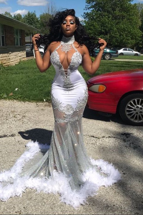 Halter Neck Mermaid Prom Dress with Appliques and Feathers-BallBride