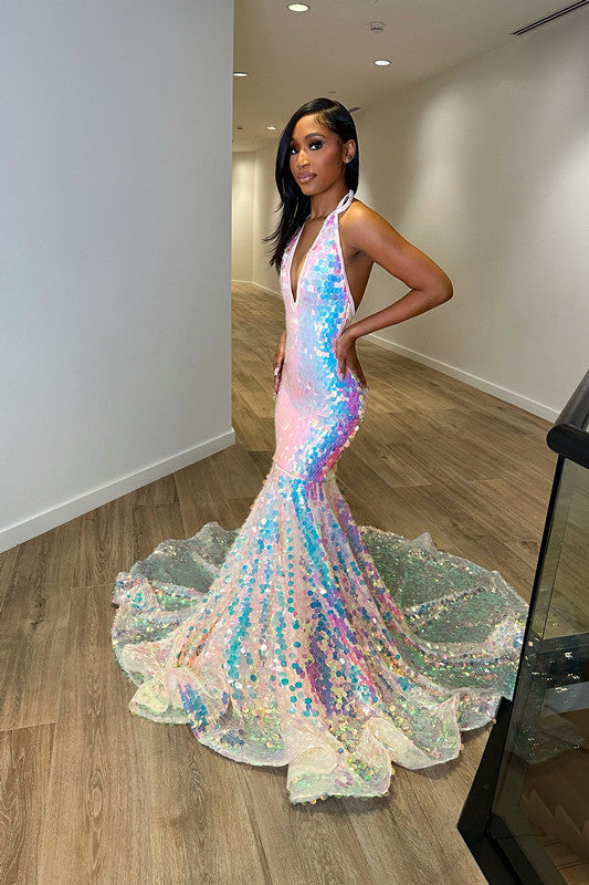 Halter Neck Sequins Mermaid Princess Prom Dress with Laser Light Trumpet Sleeves-BallBride