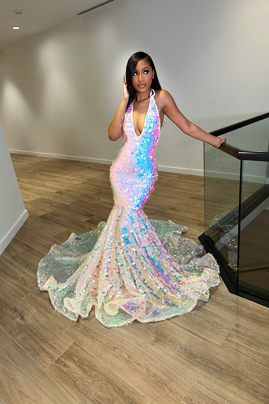 Halter Neck Sequins Mermaid Princess Prom Dress with Laser Light Trumpet Sleeves-BallBride