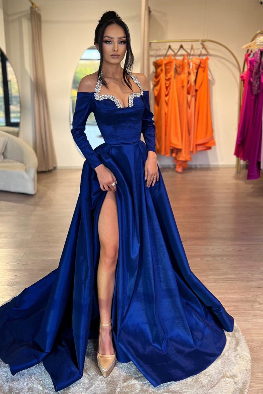 Halter Off The Shoulder Long A-Line Prom Dress with Slit and Beads-BallBride