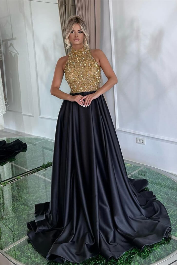 Halter Sleeveless A-Line Ruffled Satin Sequined Prom Dress with Beads-BallBride