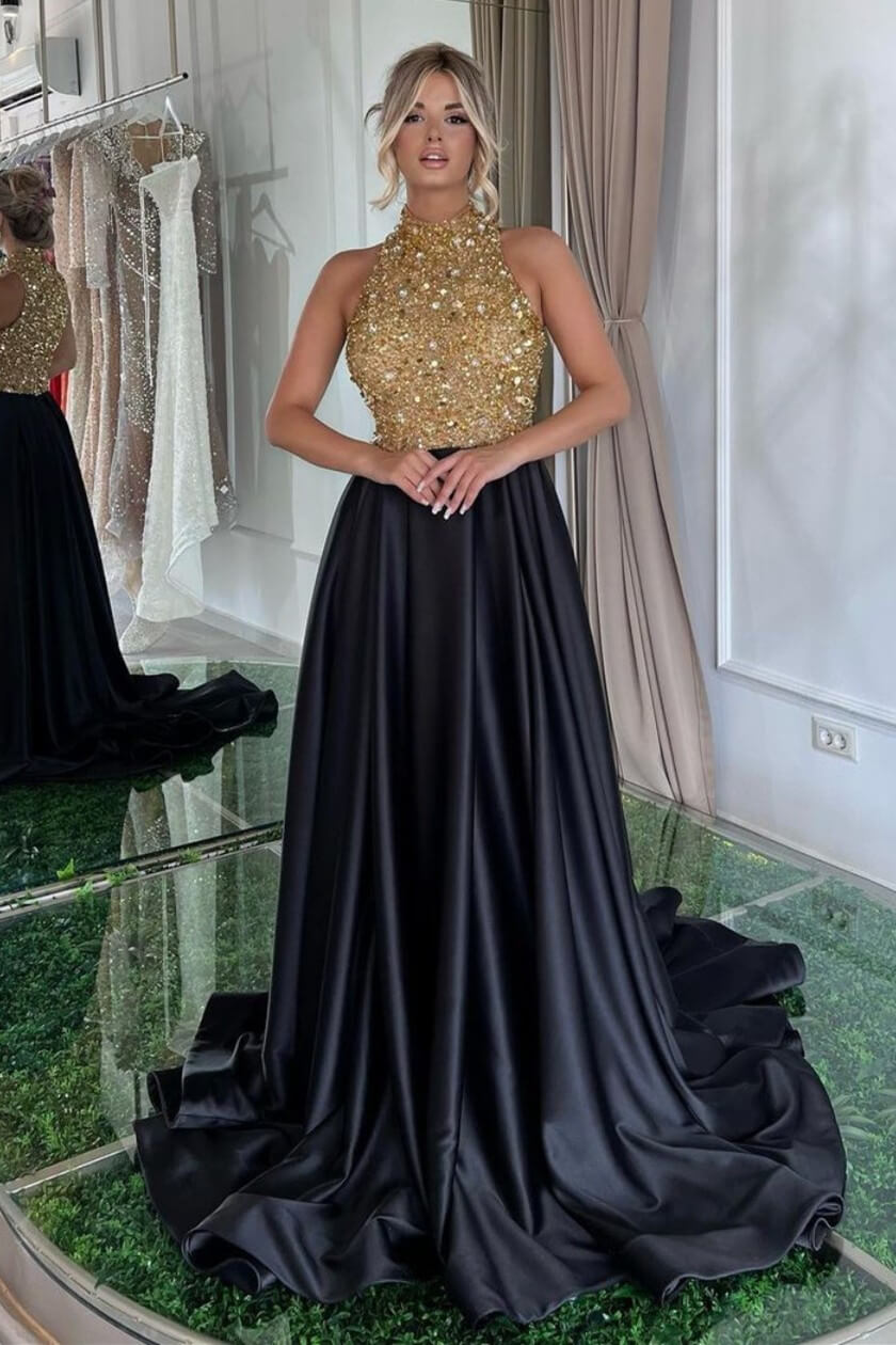 Halter Sleeveless A-Line Ruffled Satin Sequined Prom Dress with Beads-BallBride