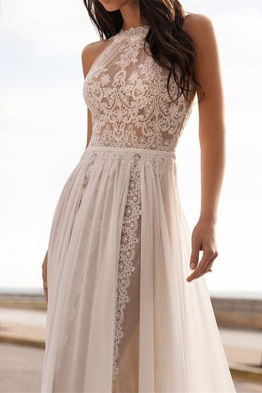 Halter Sleeveless Lace Wedding Dress-BallBride