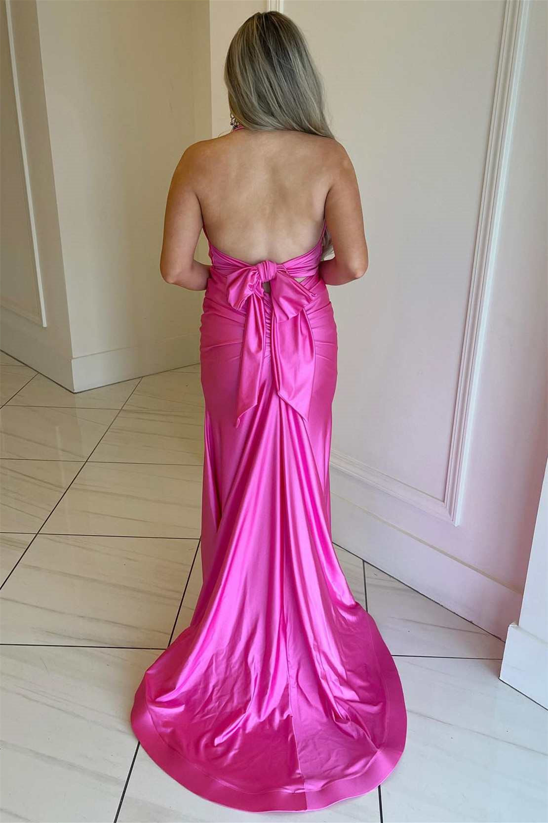 Halter V-Neck Open Back Bow Tie Mermaid Satin Prom Dress-BallBride