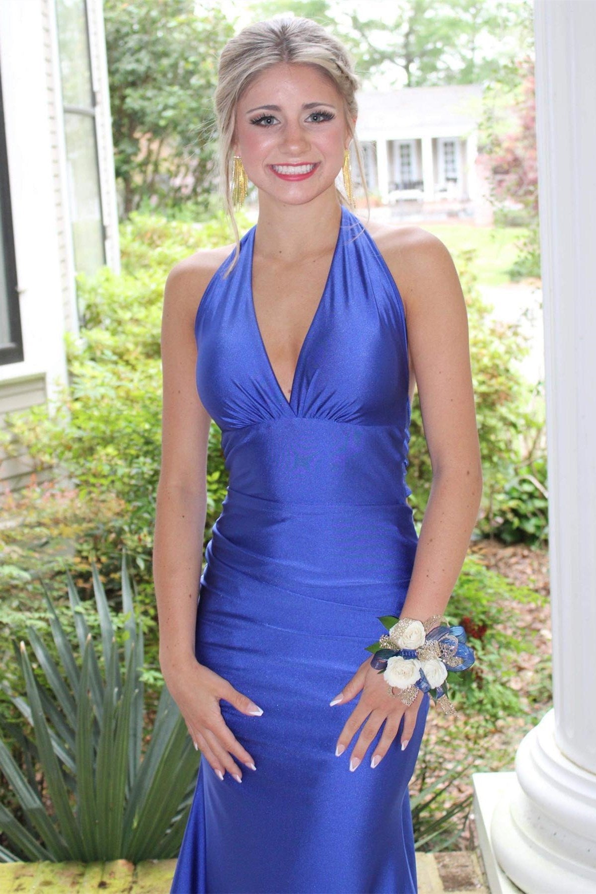 Halter V-Neck Open Back Bow Tie Mermaid Satin Prom Dress-BallBride