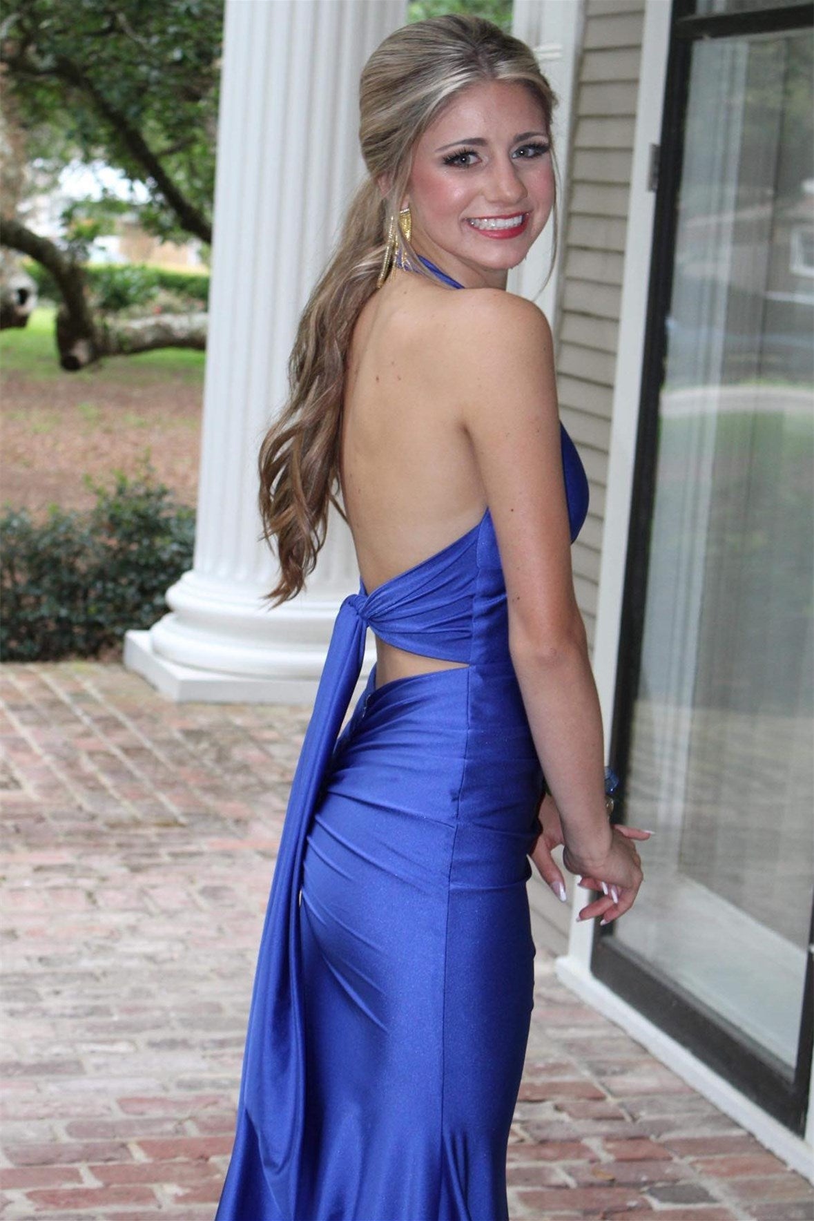 Halter V-Neck Open Back Bow Tie Mermaid Satin Prom Dress-BallBride