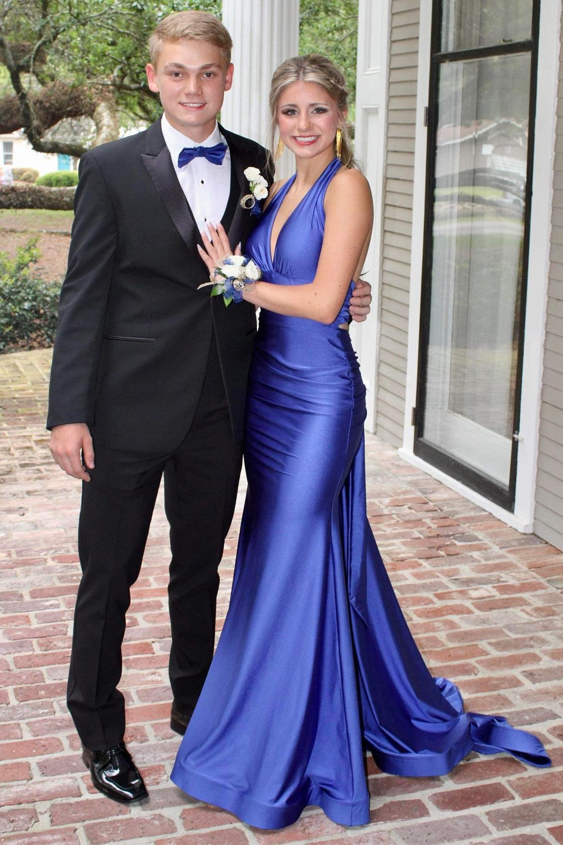 Halter V-Neck Open Back Bow Tie Mermaid Satin Prom Dress-BallBride