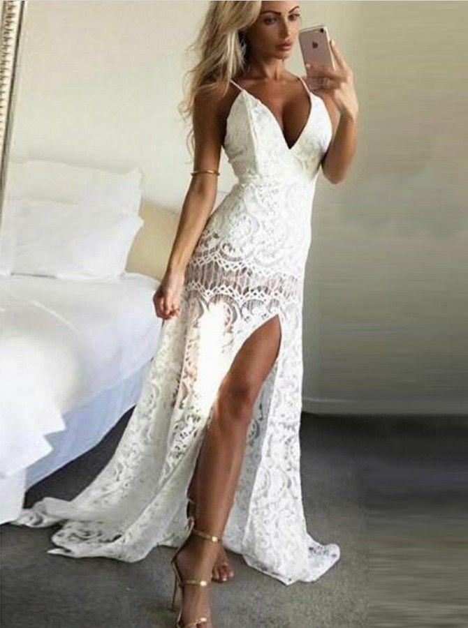 Halter V-Neck Sleeveless Prom Dress with Lace and Split-BallBride