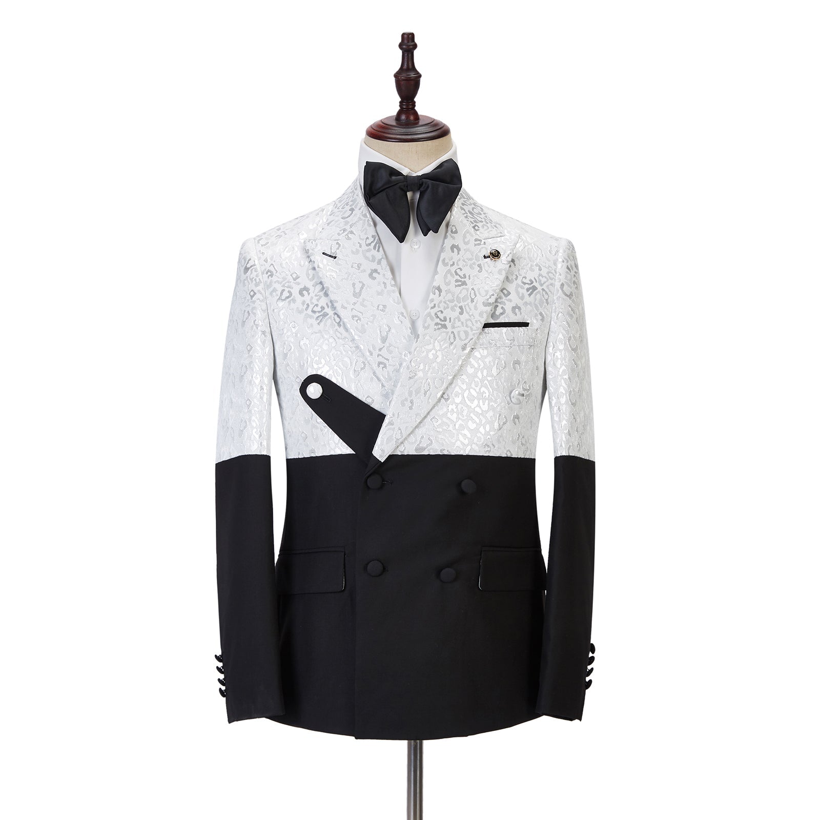 Handsome Black & White Jacquard Marriage Blazer Suit with Peaked Lapel-BallBride