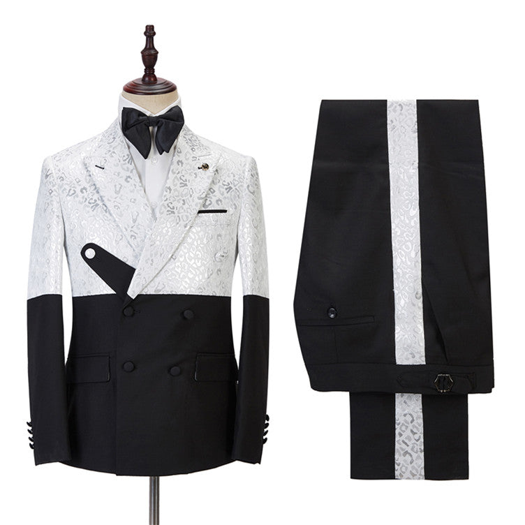 Handsome Black & White Jacquard Marriage Blazer Suit with Peaked Lapel-BallBride