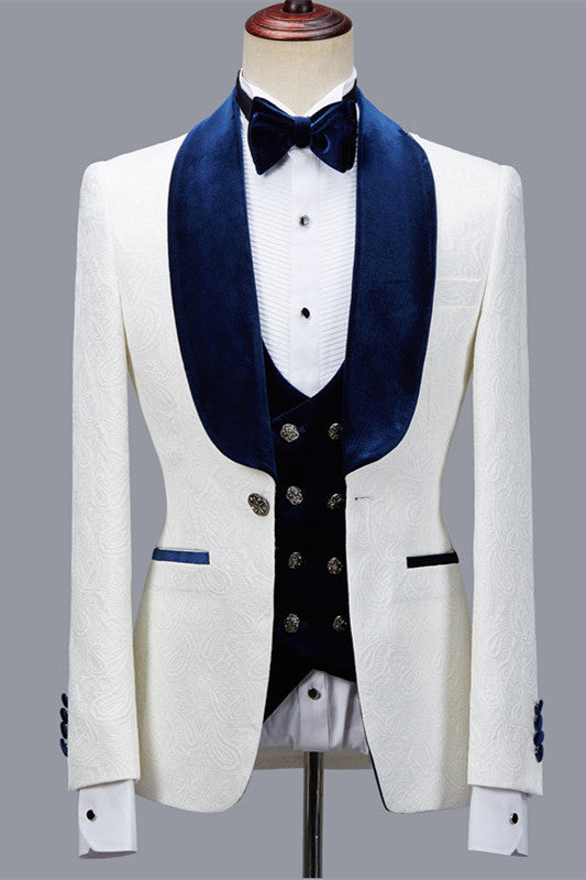 Handsome White Jacquard Shawl Lapel Men's Suit for Wedding Prom - Quincy-BallBride
