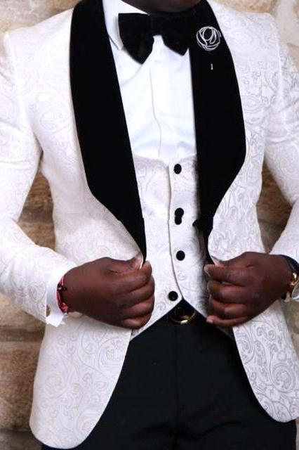 Handsome White Wedding Groom Tuxedos - Jacquard Three Pieces Men Suit-BallBride