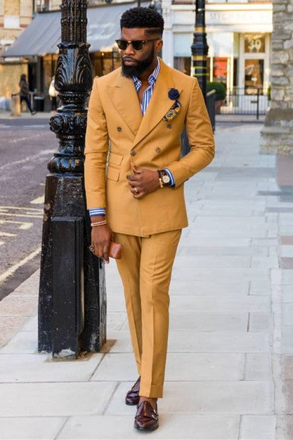 Handsome Yellow Party Suit for Prom with Double Breasted Peaked Lapel-BallBride