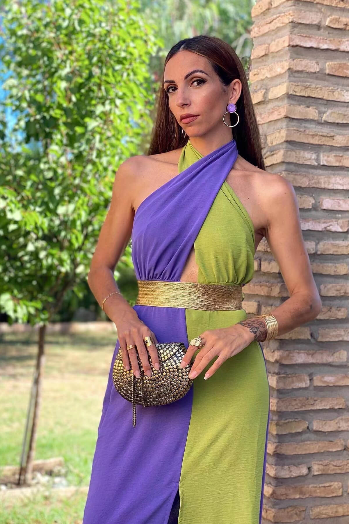 High Neck A-Line Prom Dress with Contrasting Colors and Split with Belt-BallBride