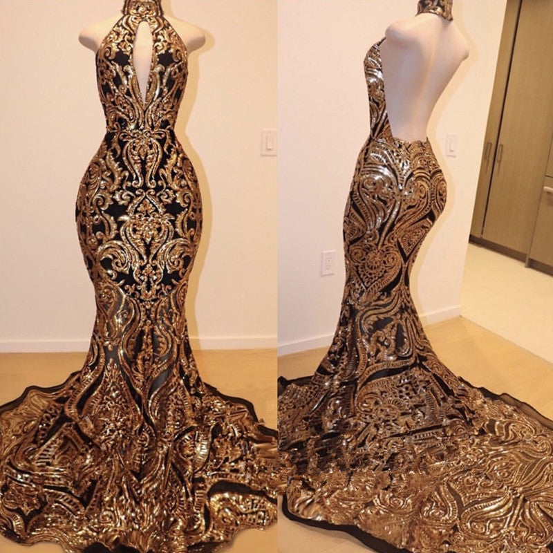 High Neck Halter Mermaid Prom Dress with Gold Appliques-BallBride
