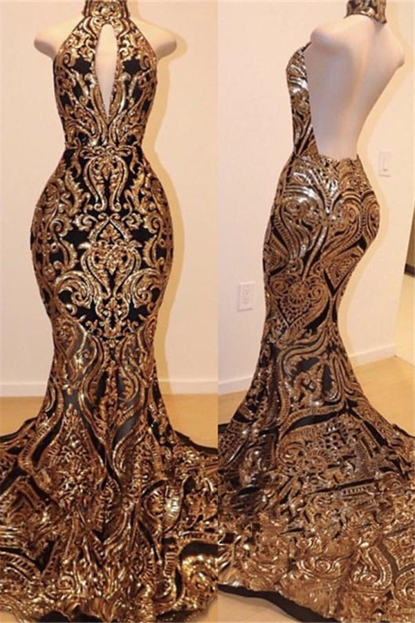 High Neck Halter Mermaid Prom Dress with Gold Appliques-BallBride
