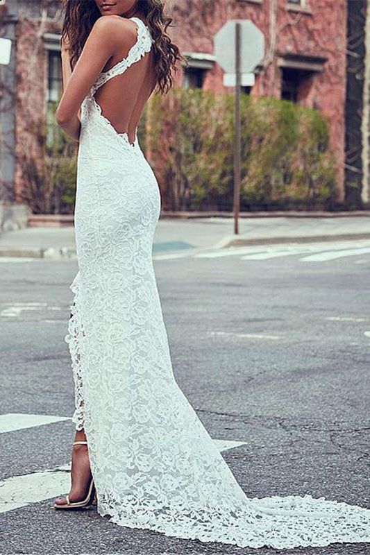 High Neck Lace Summer Beach Wedding Dress for Hot Days-BallBride