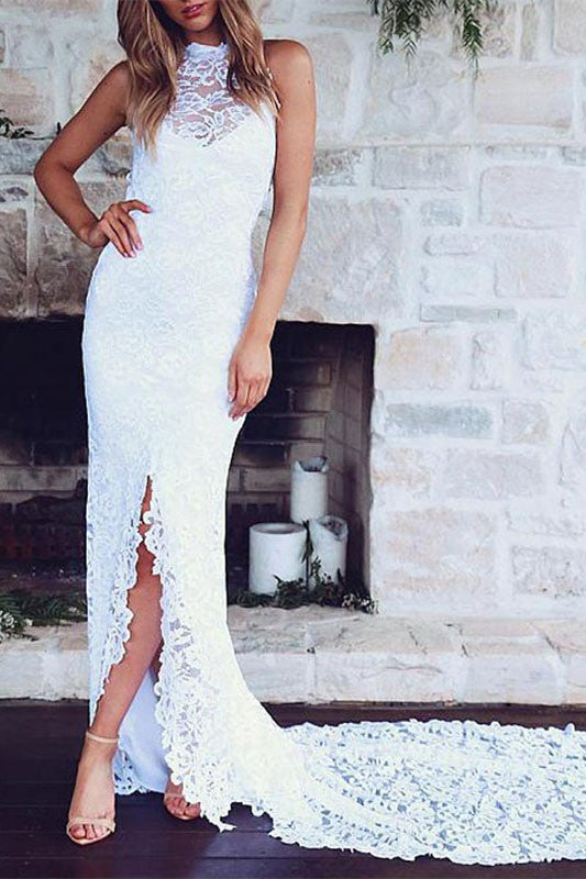 High Neck Lace Summer Beach Wedding Dress for Hot Days-BallBride