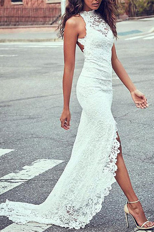 High Neck Lace Summer Beach Wedding Dress for Hot Days-BallBride