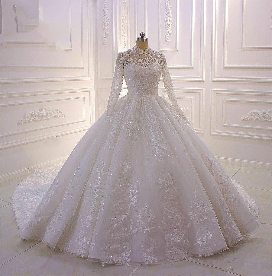 High-Neck Long Sleeve Ball Gown with Ruffles, Appliques, and Lace-BallBride