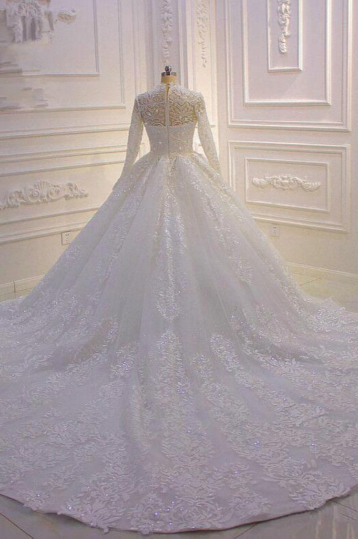 High-Neck Long Sleeve Ball Gown with Ruffles, Appliques, and Lace-BallBride