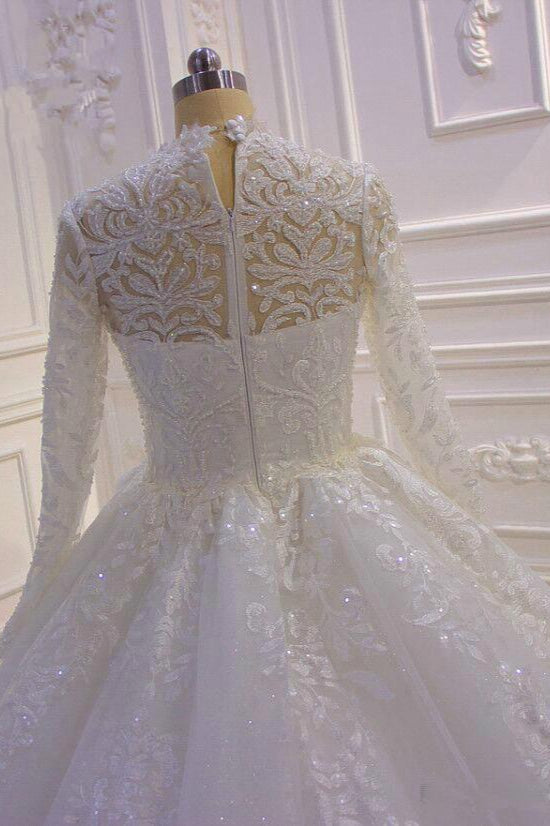 High-Neck Long Sleeve Ball Gown with Ruffles, Appliques, and Lace-BallBride