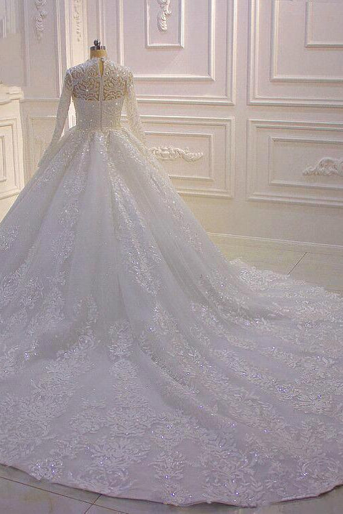 High-Neck Long Sleeve Ball Gown with Ruffles, Appliques, and Lace-BallBride
