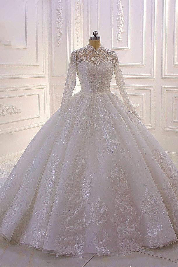 High-Neck Long Sleeve Ball Gown with Ruffles, Appliques, and Lace-BallBride