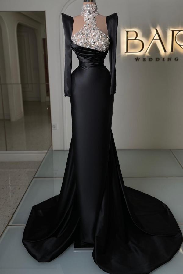 High Neck Long Sleeve Mermaid Satin Floor Length Prom Dress with Rhinestones-BallBride