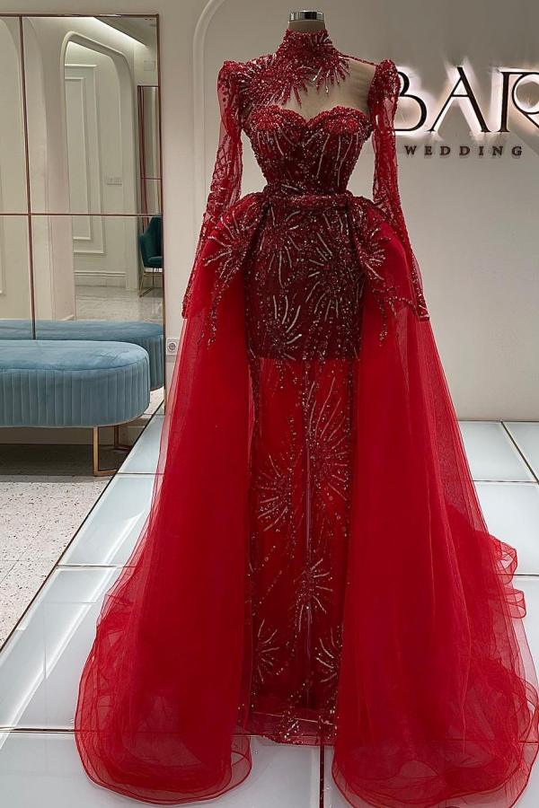 High Neck Long Sleeve Red Mermaid Appliques Prom Dress with Detachable Train-BallBride