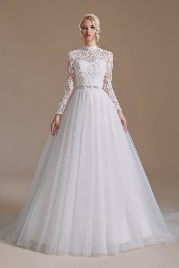 High Neck Long Sleeves Modest A-line Wedding Dress with Tulle Lace-BallBride