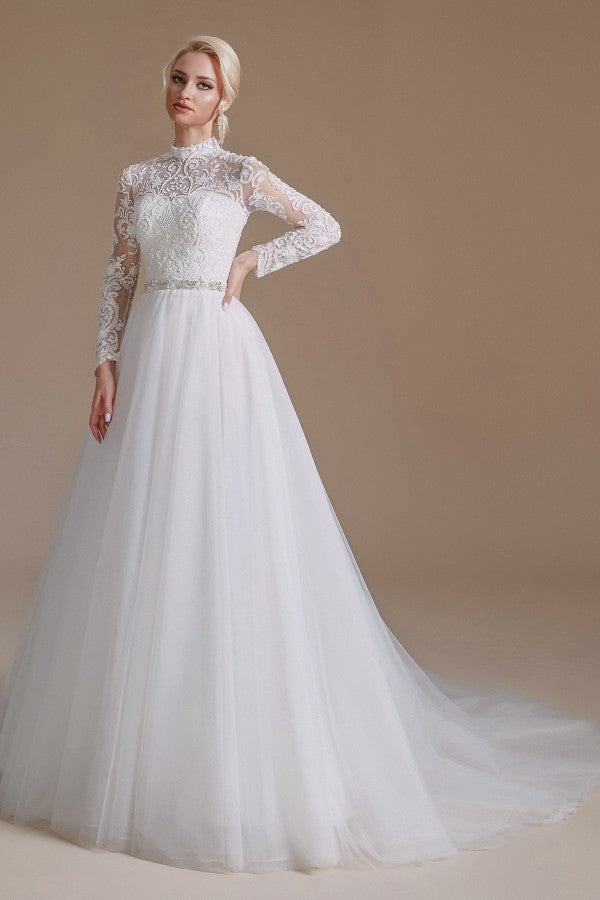 High Neck Long Sleeves Modest A-line Wedding Dress with Tulle Lace-BallBride