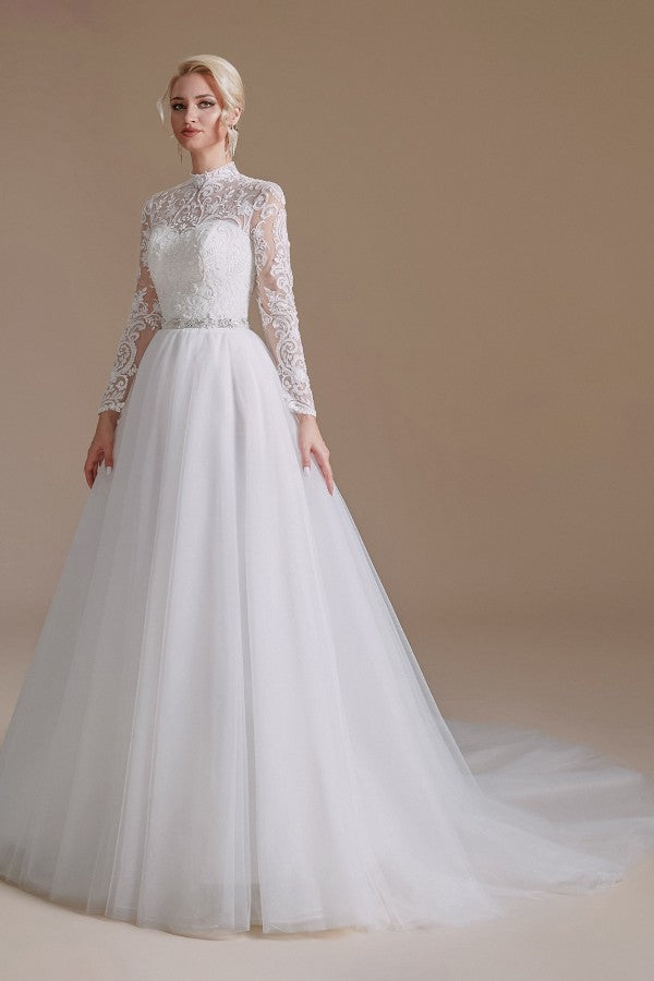 High Neck Long Sleeves Modest A-line Wedding Dress with Tulle Lace-BallBride
