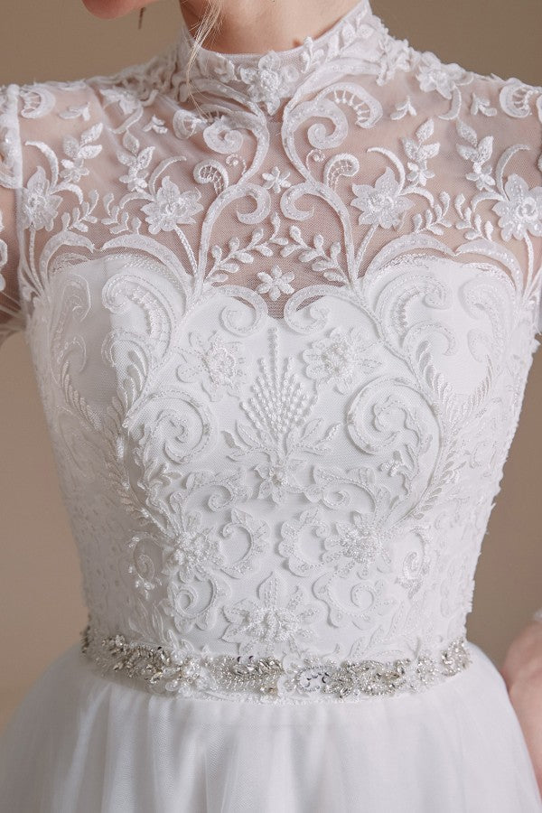High Neck Long Sleeves Modest A-line Wedding Dress with Tulle Lace-BallBride