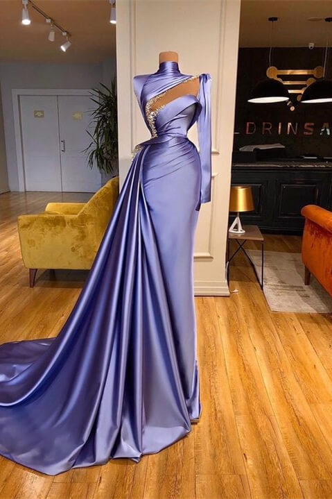 High Neck Long Sleeves Prom Dress with Beadings and Ruffles-BallBride