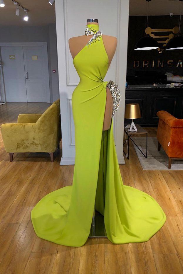 High Neck Mermaid Long Prom Dress With Slit-BallBride
