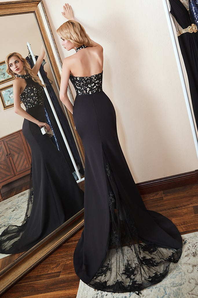 High-Neck Mermaid Prom Dress with Black Appliques-BallBride