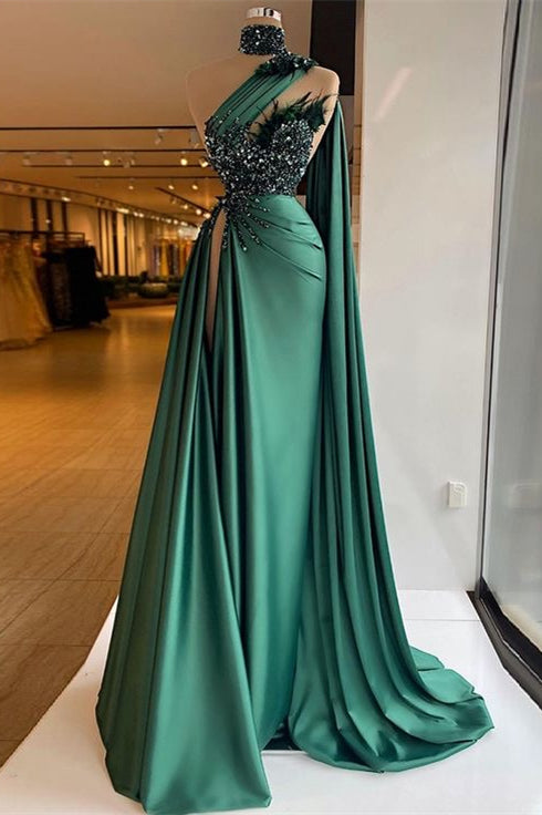 High Neck One Shoulder Mermaid Beaded Prom Dress with Fur and Rhinestones-BallBride