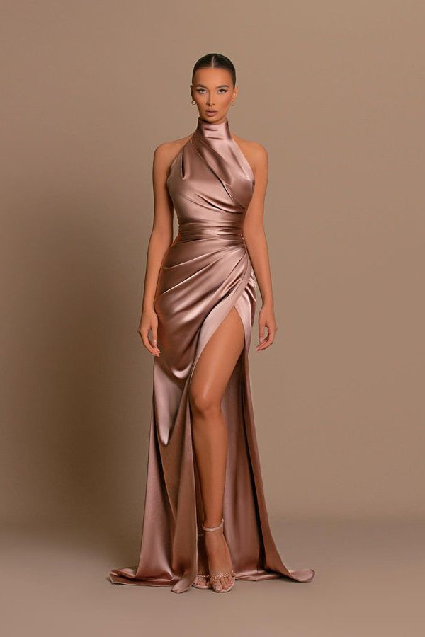 High Neck Sleeveless Evening Dress - Mermaid Slit Long with Pleats-BallBride