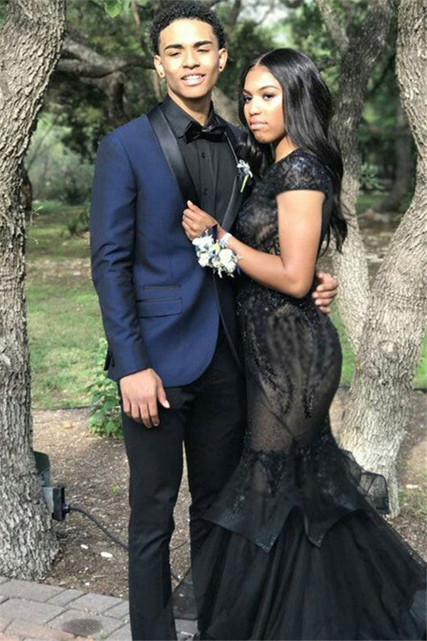 High-Quality Black Silk Lapel Jacob Marriage Blazer Suit Navy Blue with Two-Piece-BallBride