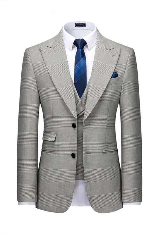 High Quality Gray Peaked Lapel Plaid Tuxedo Suit for Prom-BallBride