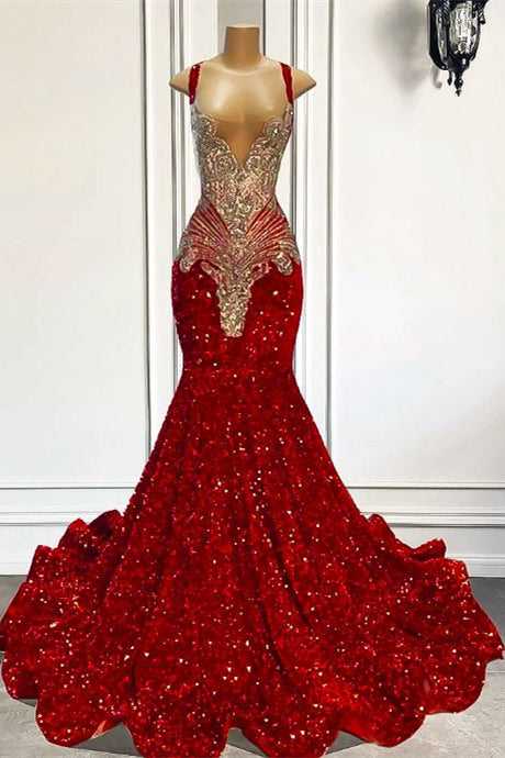 Hot Red Sequins Mermaid Crystal Straps Chic Prom Dress-BallBride