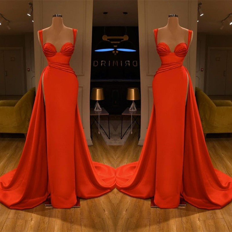 Hot Red Sheath Side Slit Straps Ruffles Prom Dress-BallBride