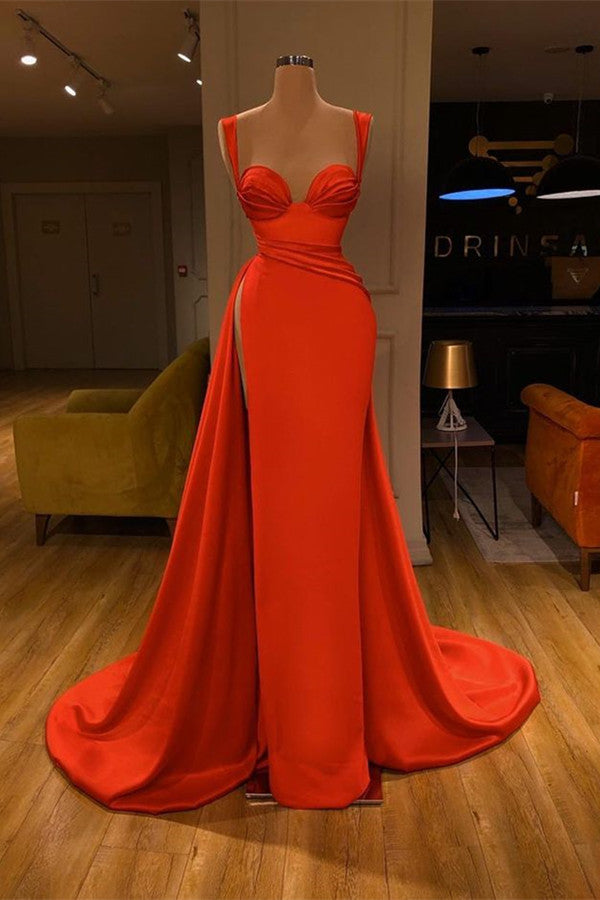 Hot Red Sheath Side Slit Straps Ruffles Prom Dress-BallBride