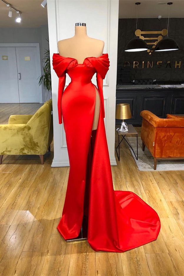 Hot Red Sweetheart Off Shoulder Side Slit Prom Dress-BallBride