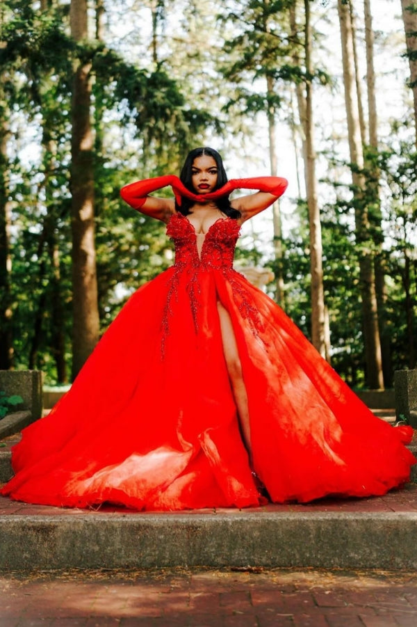 Hot Red Sweetheart Tulle Appliques V-neck Puffy Ball Prom Dress-BallBride